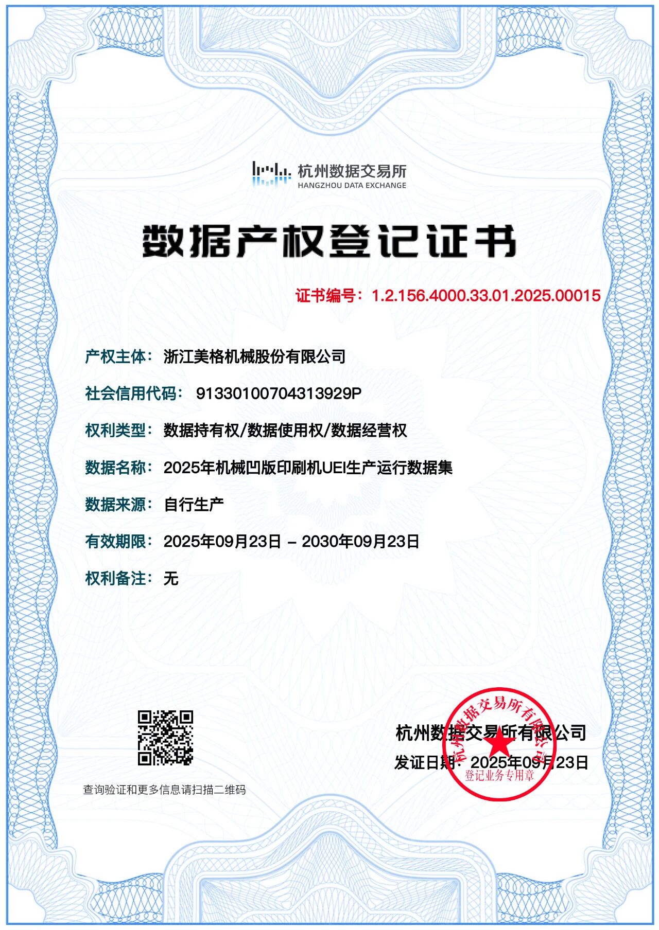 祝贺美格机械成功获得“数据产权登记三证合一证书”